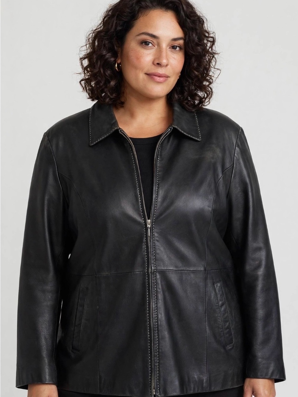 Modern Essentials Women's Black Leather Zip Jacket with Collar PTP 27” L29”